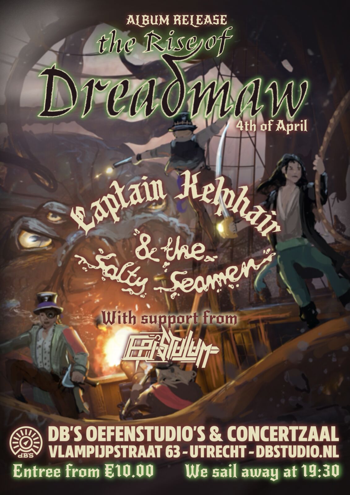 Album release poster for The Rise of Dreadmaw at DB&rsquo;s, Utrecht