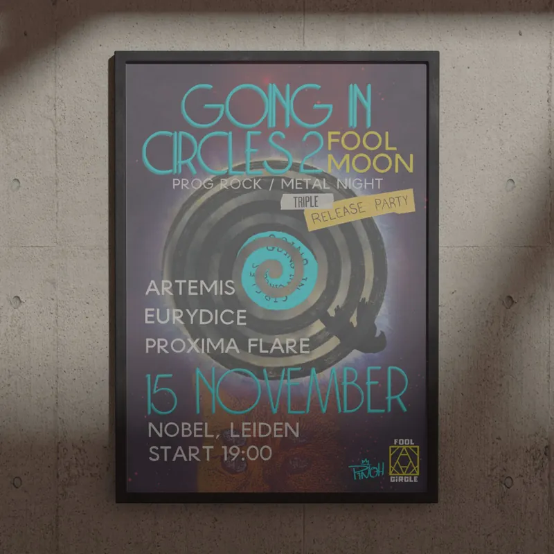 Poster Going in Circles 2 voor een progrock- en metalavond in Nobel, Leiden