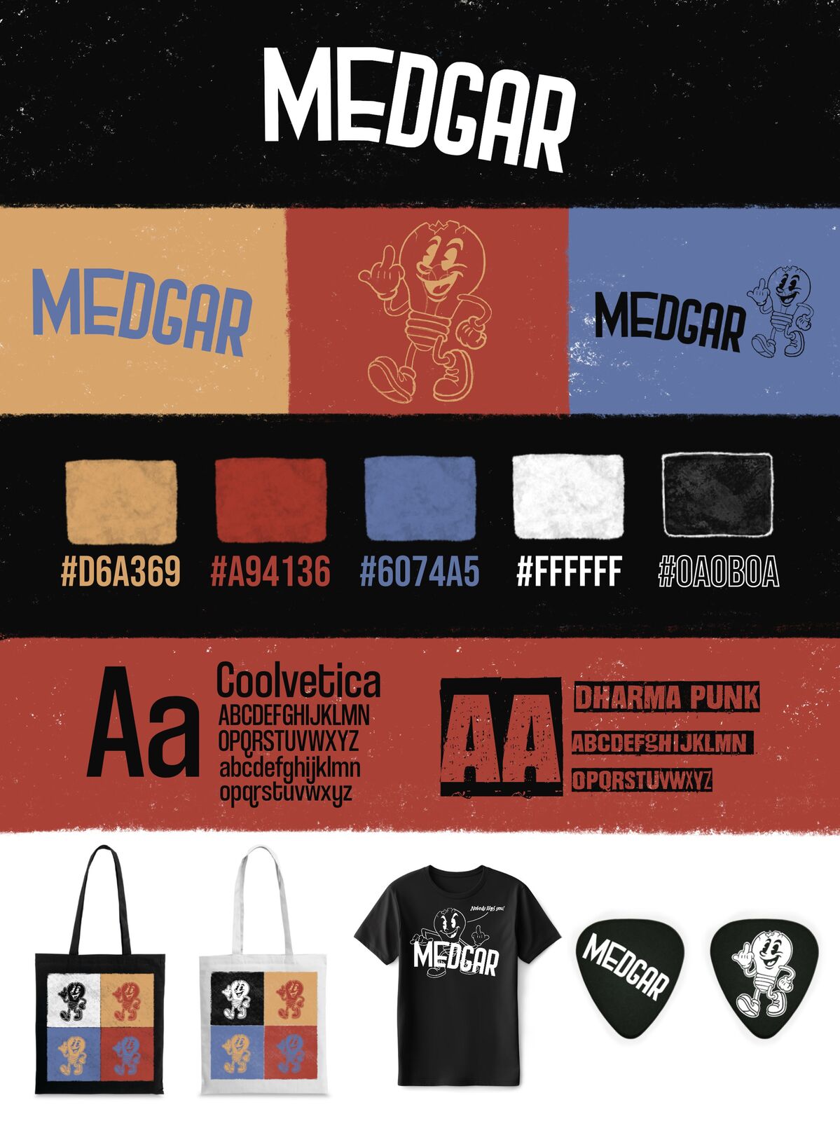 Medgar style guide with colours, typefaces and merch